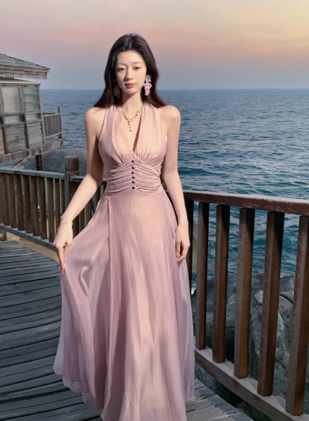 Elegantes rosa Tüll-Abendkleid mit Neckholder, A-Linie, langes Modell DP05266