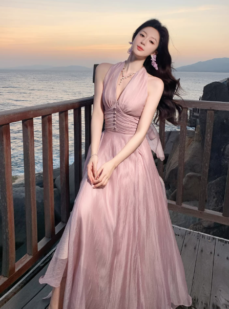 Elegantes rosa Tüll-Abendkleid mit Neckholder, A-Linie, langes Modell DP05266