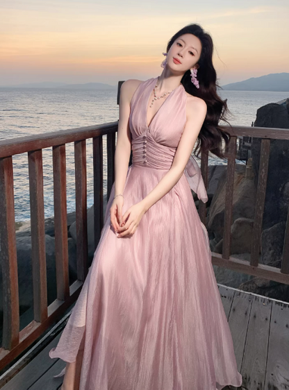 Elegantes rosa Tüll-Abendkleid mit Neckholder, A-Linie, langes Modell DP05266