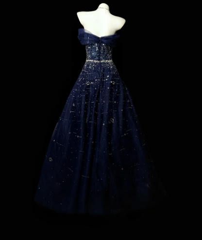 Elegantes marineblaues Tüll-Abendkleid mit schulterfreiem Schnitt und A-Linien-Schnitt DP05267
