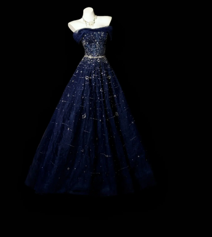 Elegantes marineblaues Tüll-Abendkleid mit schulterfreiem Schnitt und A-Linien-Schnitt DP05267