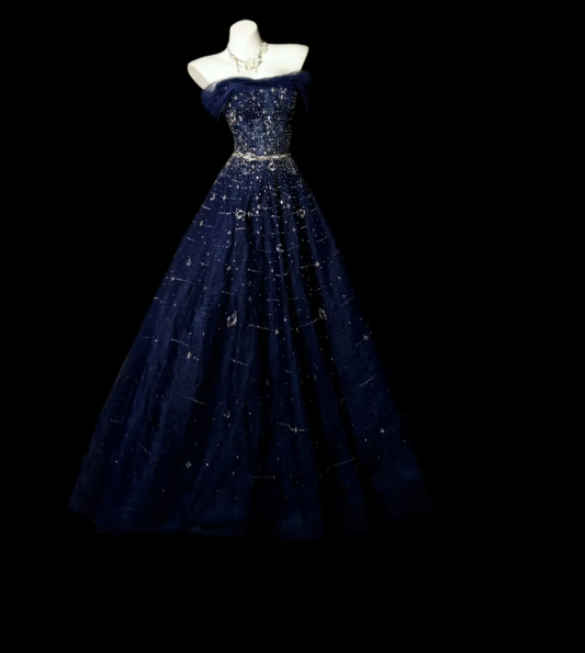 Chic Navy Blue Prom Dress Tulle  Off-shoulder A-Line Long Evening Dress DP05267