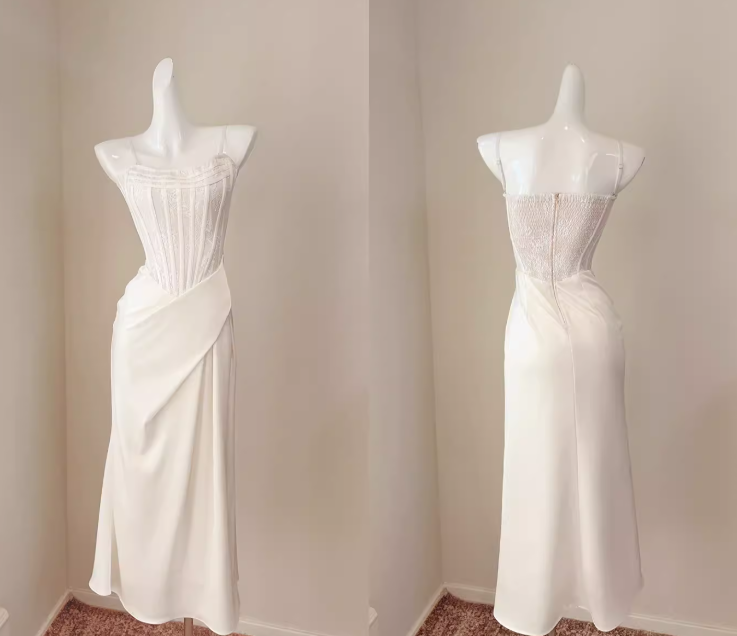 Elegantes weißes Satin-Abendkleid mit Spaghettiträgern, Etui-Schnitt, langes Kleid DP05269