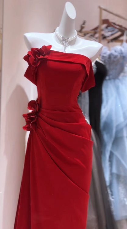 Elegantes rotes Satin-Abendkleid, trägerlos, langes Etuikleid, DP05275