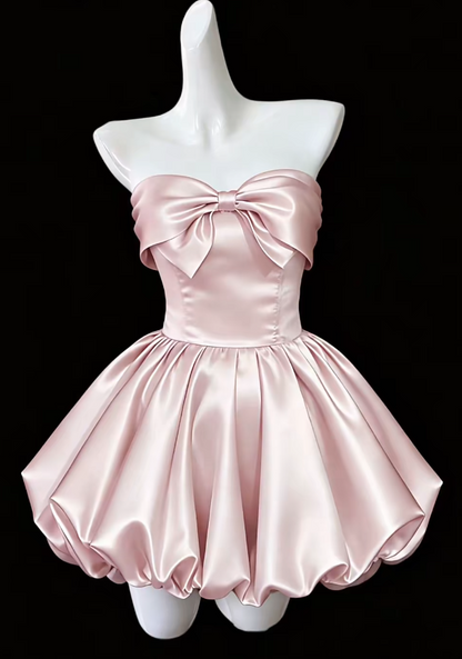 Elegantes rosafarbenes Ballkleid aus Satin, A-Linie, trägerlos, kurzes Partykleid DP05276