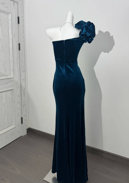 Elegantes, petrolfarbenes Ballkleid, schulterfreies Etuikleid aus Samt, langes Abendkleid DP05280