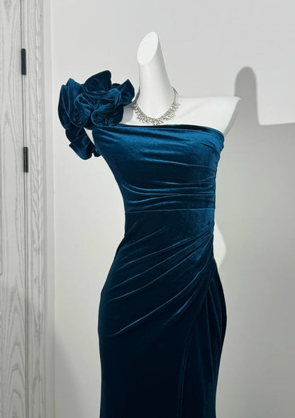 Elegantes, petrolfarbenes Ballkleid, schulterfreies Etuikleid aus Samt, langes Abendkleid DP05280