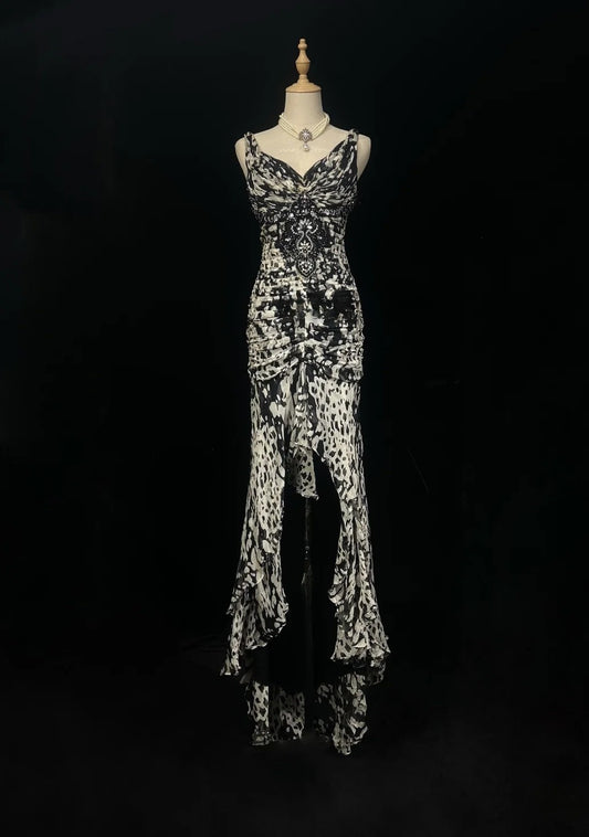 Elegant Leopard print Prom Dress V-neck Chiffon Sheath  Long Evening Dress DP05281