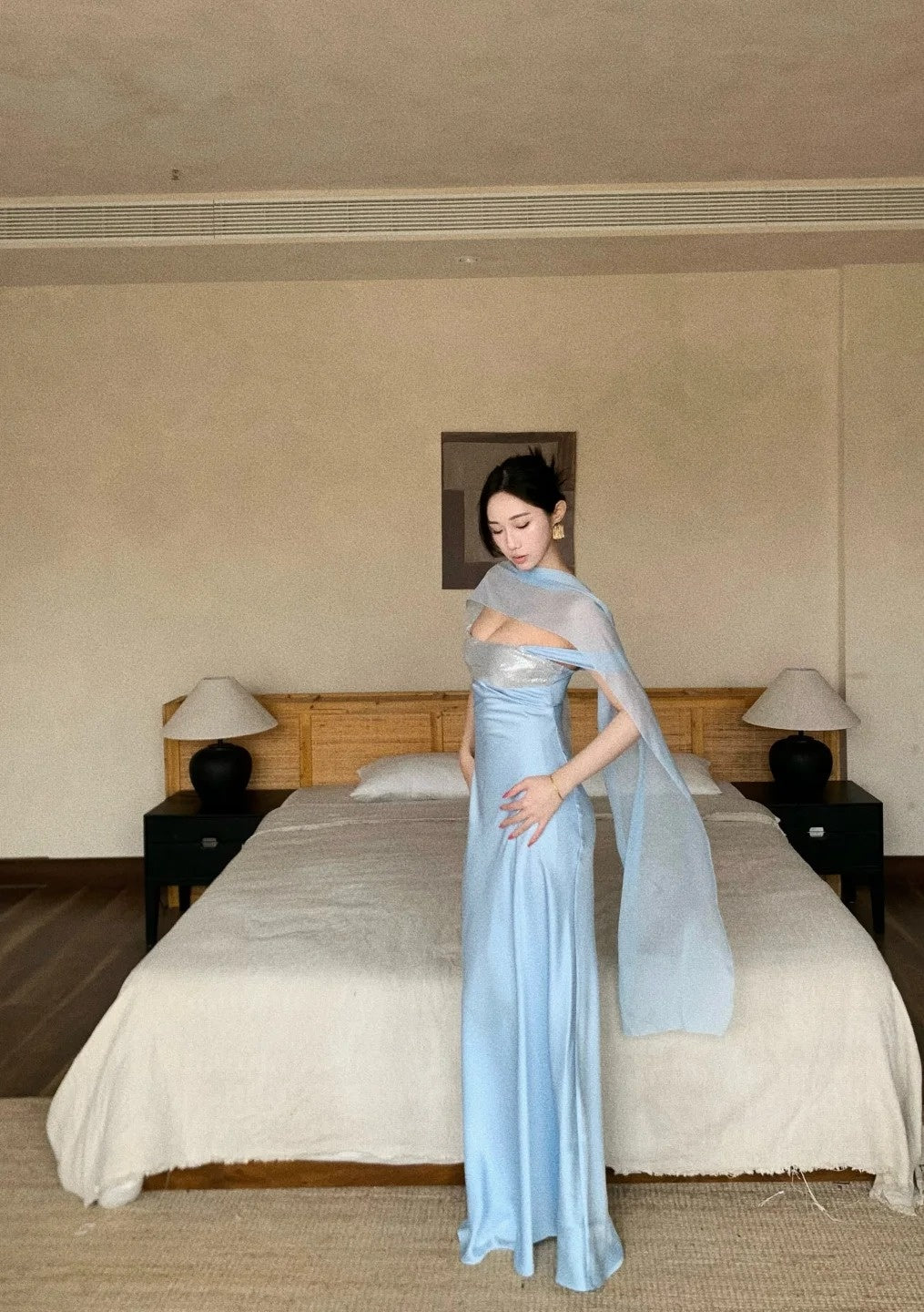 Elegant Blue Prom Dress Straps Satin Sheath  Long Evening Dress DP05282