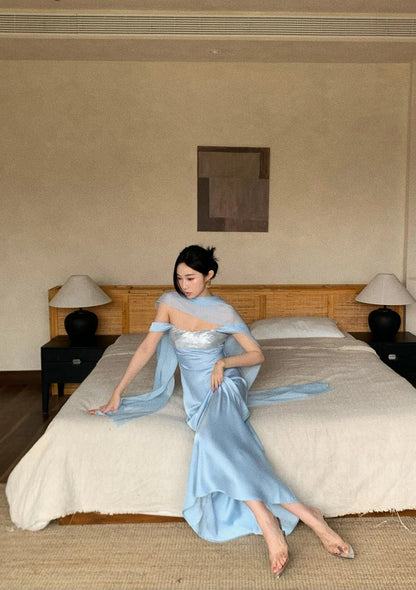 Elegant Blue Prom Dress Straps Satin Sheath  Long Evening Dress DP05282