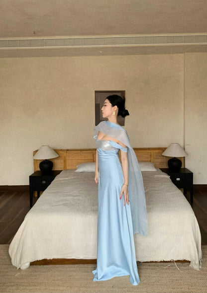 Elegant Blue Prom Dress Straps Satin Sheath  Long Evening Dress DP05282