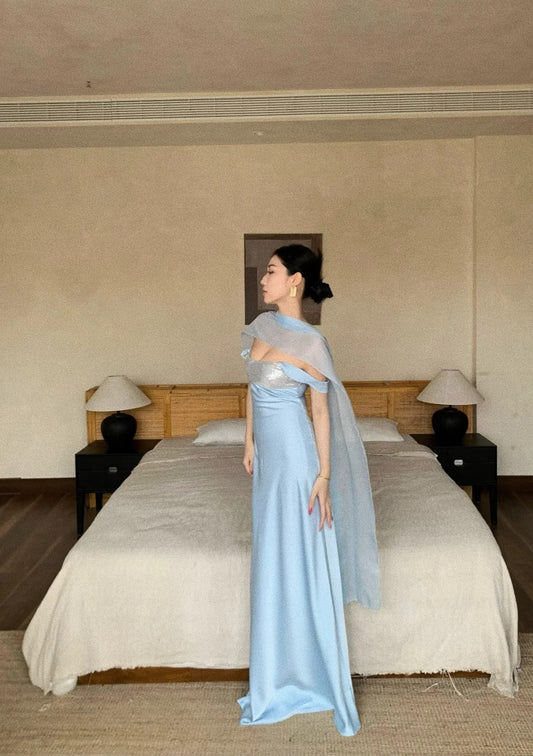 Elegant Blue Prom Dress Straps Satin Sheath  Long Evening Dress DP05282