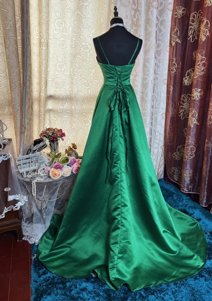 Elegantes grünes Ballkleid mit Spaghettiträgern, langes Satin-Etui-Abendkleid DP05283