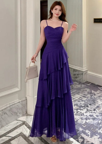 Elegantes lilafarbenes Chiffon-Etui-Abendkleid mit Spaghettiträgern DP05284