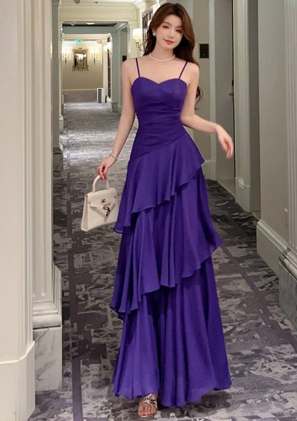 Elegantes lilafarbenes Chiffon-Etui-Abendkleid mit Spaghettiträgern DP05284