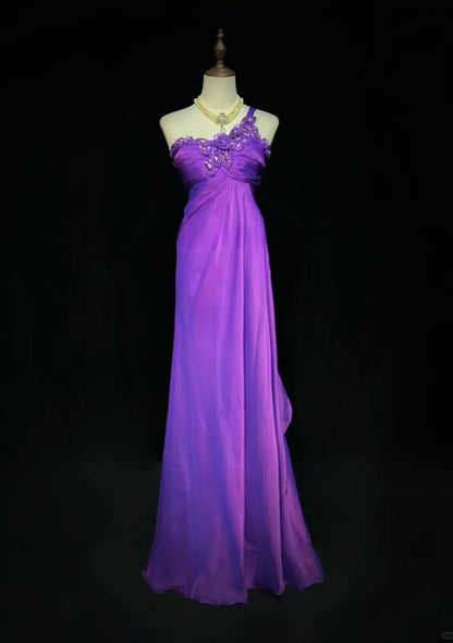 Chic Purple Prom Dress One-Shoulder Chiffon Sheath Long Evening Dress DP05285