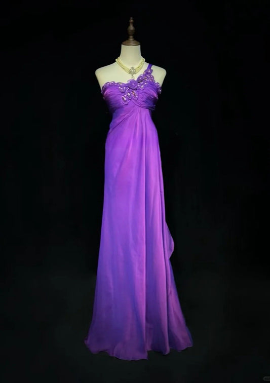 Chic Purple Prom Dress One-Shoulder Chiffon Sheath Long Evening Dress DP05285