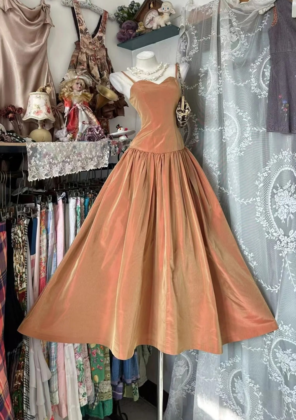 Chic Orange Prom Dress Spaghetti Straps Satin A-Line Long Evening Dress DP05286