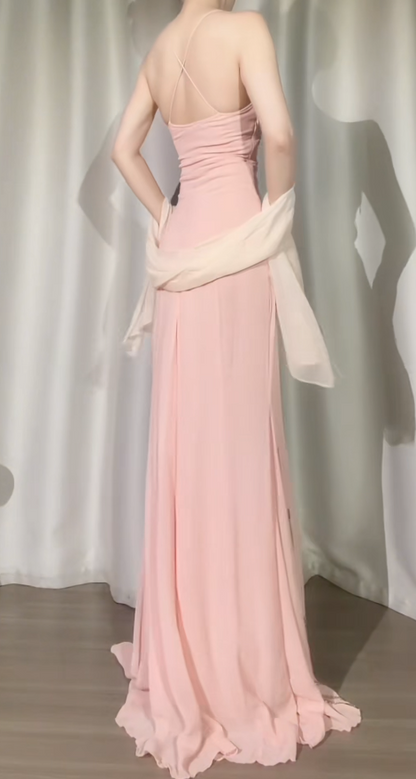 Robe de bal rose chic à fines bretelles, en mousseline à sequins, coupe fourreau, longue robe de soirée DP05289