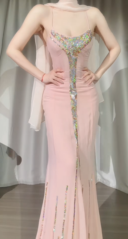 Robe de bal rose chic à fines bretelles, en mousseline à sequins, coupe fourreau, longue robe de soirée DP05289