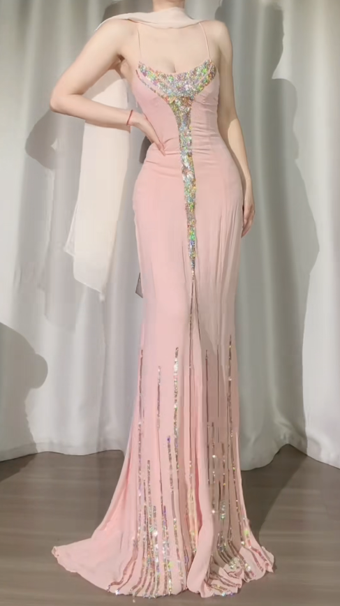 Robe de bal rose chic à fines bretelles, en mousseline à sequins, coupe fourreau, longue robe de soirée DP05289