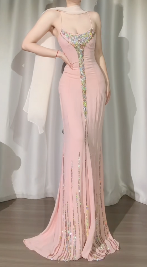 Robe de bal rose chic à fines bretelles, en mousseline à sequins, coupe fourreau, longue robe de soirée DP05289