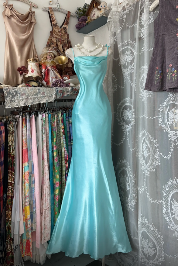 Chic Spaghetti Straps Sheath Long Evening Dress Satin Blue Prom Dress DP05294