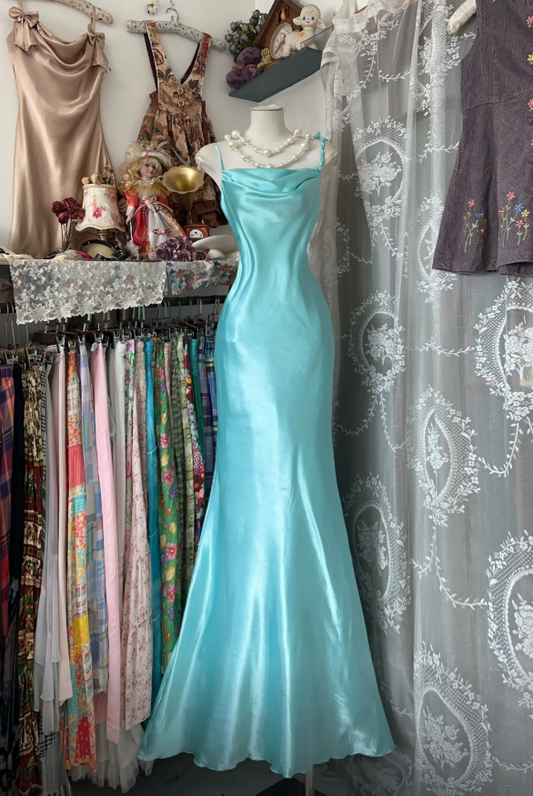 Chic Spaghetti Straps Sheath Long Evening Dress Satin Blue Prom Dress DP05294