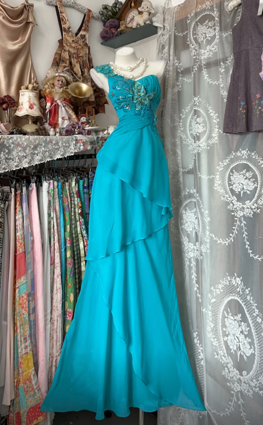 Chic One-shoulder Sheath Long Evening Dress Chiffon Turquoise Prom Dress DP05295
