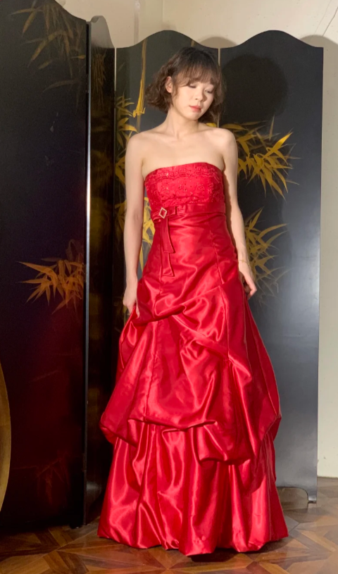 Chic Strapless A-Line Long Evening Dress Satin Red Prom Dress DP05296