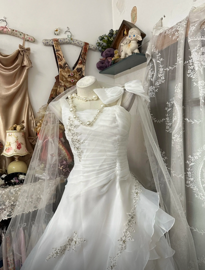 Elegantes weißes langes Brautkleid mit A-Linien-Schnitt, Trägern und Tüll, ärmellos, DP05300