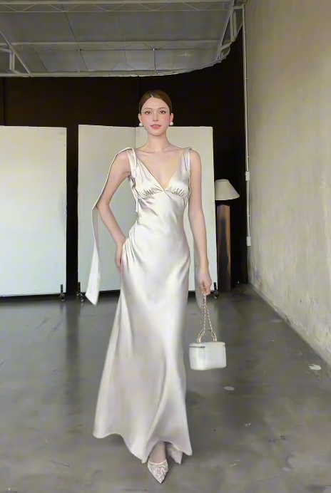 Robe de demoiselle d'honneur élégante à col en V, robe fourreau en satin sans manches DP05303