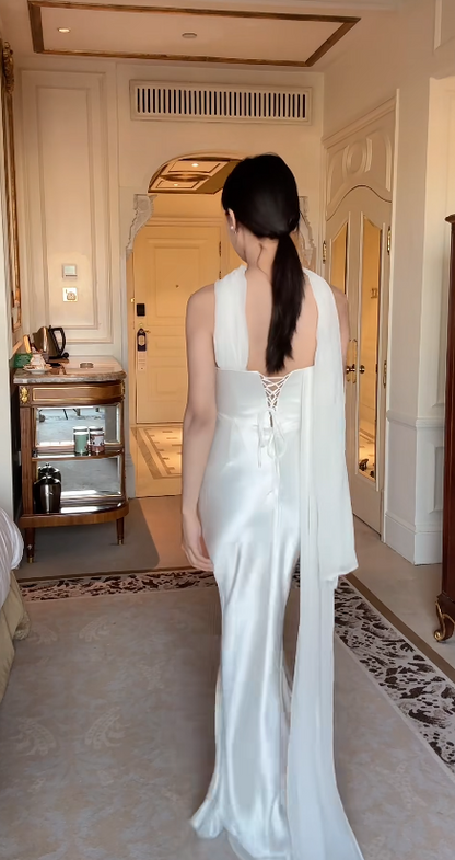 Chic Strapless Wedding Guest Dress Satin Sheath White Bridesmaid Dress Sleeveless Evening Dress DP05304