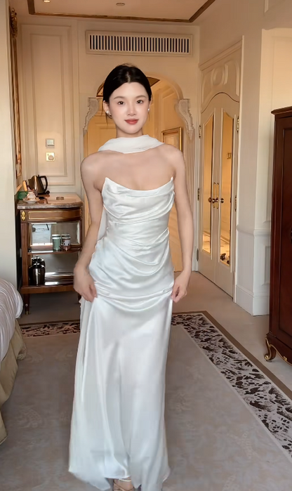 Chic Strapless Wedding Guest Dress Satin Sheath White Bridesmaid Dress Sleeveless Evening Dress DP05304