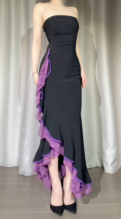 Elegantes, trägerloses Chiffon-Etui-Abendkleid, ärmelloses schwarzes Ballkleid DP05305