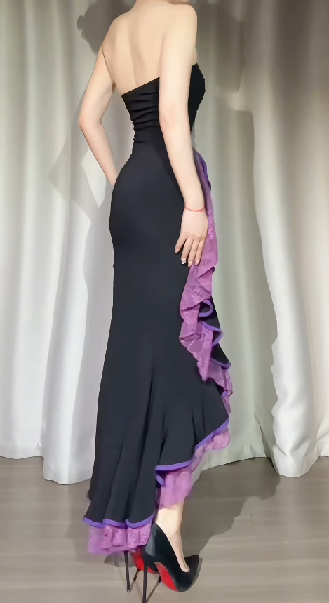 Elegantes, trägerloses Chiffon-Etui-Abendkleid, ärmelloses schwarzes Ballkleid DP05305
