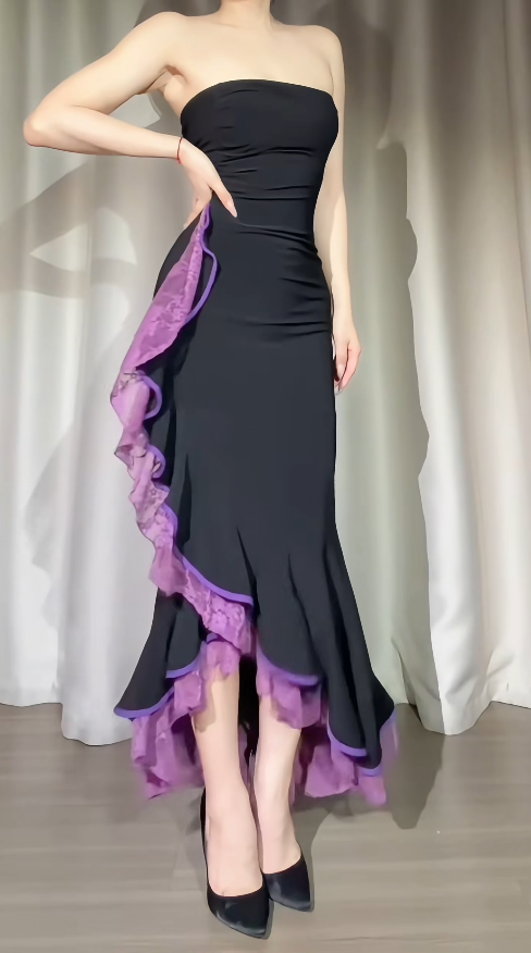Elegantes, trägerloses Chiffon-Etui-Abendkleid, ärmelloses schwarzes Ballkleid DP05305