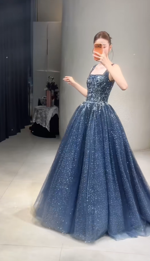 Robe de soirée chic en tulle, bretelles, coupe trapèze, perles, sans manches, bleue, DP05307