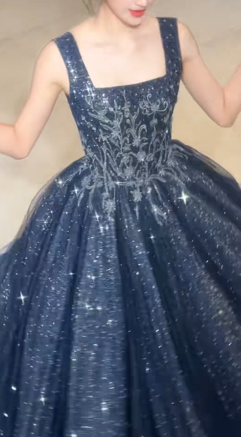 Robe de soirée chic en tulle, bretelles, coupe trapèze, perles, sans manches, bleue, DP05307