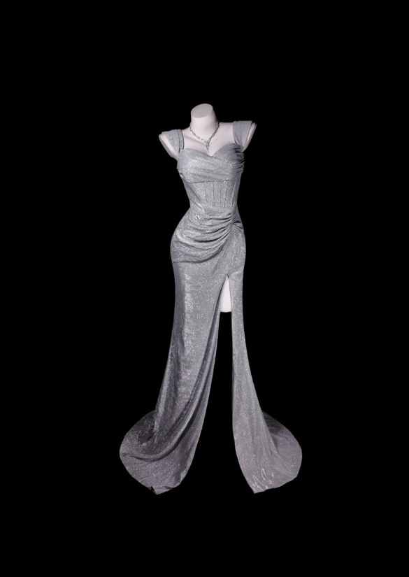 Glitzerndes Satin-Abendkleid, ärmelloses Etuikleid, graues Ballkleid mit Schlitz, Modell DP05309