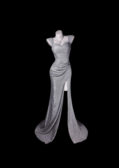 Glitzerndes Satin-Abendkleid, ärmelloses Etuikleid, graues Ballkleid mit Schlitz, Modell DP05309