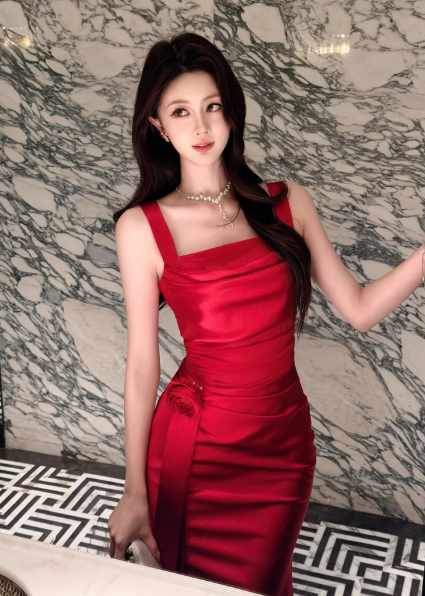 Robe de soirée chic en satin, bretelles fourreau, sans manches, rouge, DP05310
