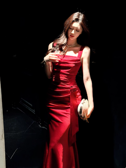 Robe de soirée chic en satin, bretelles fourreau, sans manches, rouge, DP05310