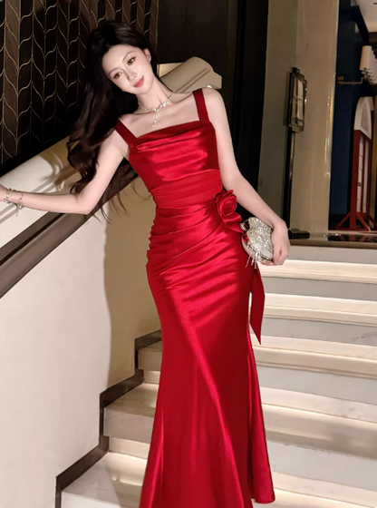 Robe de soirée chic en satin, bretelles fourreau, sans manches, rouge, DP05310