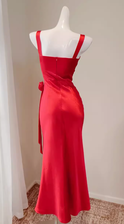 Robe de soirée chic en satin, bretelles fourreau, sans manches, rouge, DP05310