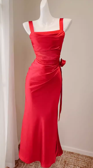 Robe de soirée chic en satin, bretelles fourreau, sans manches, rouge, DP05310