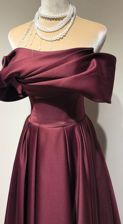 Robe de bal chic bordeaux, ligne A, épaules dénudées, en satin, longue, DP05317