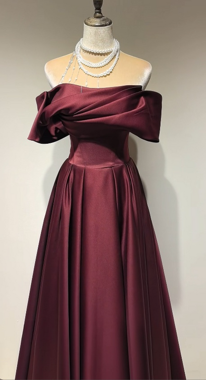 Robe de bal chic bordeaux, ligne A, épaules dénudées, en satin, longue, DP05317