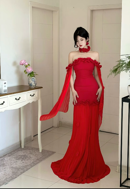 Elegantes rotes Ballkleid Etui Schulterfrei Chiffon Langes Abendkleid DP05318