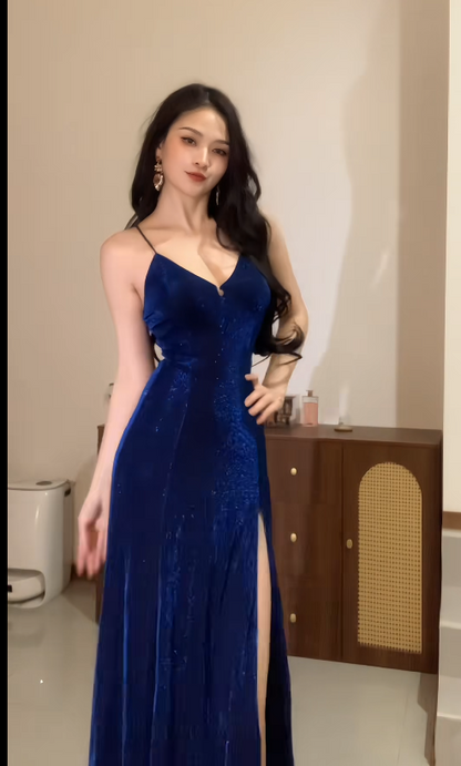 Elegantes blaues Ballkleid Glitzer-Satin-Geburtstagskleid Etui-Spaghettiträger langes Abendkleid mit Schlitz DP05321